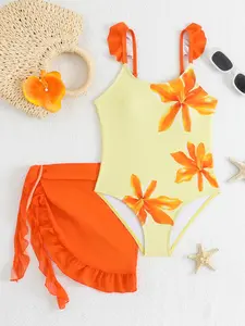 New Floral Print Halter One-Piece Swimsuit for Girls, European Style Sleeveless Two-Piece Swimwear, Beach Sun Protection Set