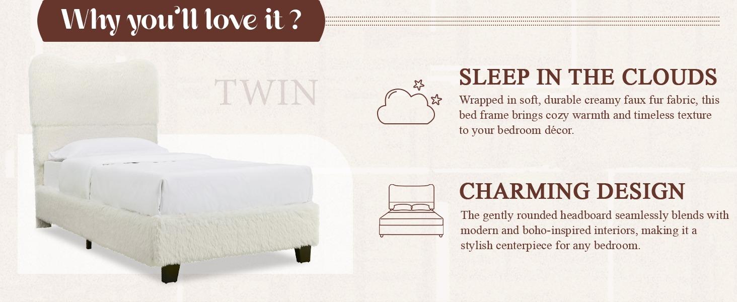Yechen Bed Frame with Tall Headboard, Round Deluxe Soft Faux Fur Bedframe, Boho Boucle Cloud Upholstered Plush Bed with Metal Frame and Wood Slats, No Box Spring Required, Easy Assembly, (Beige, Grey) (Twin, Full, Queen)