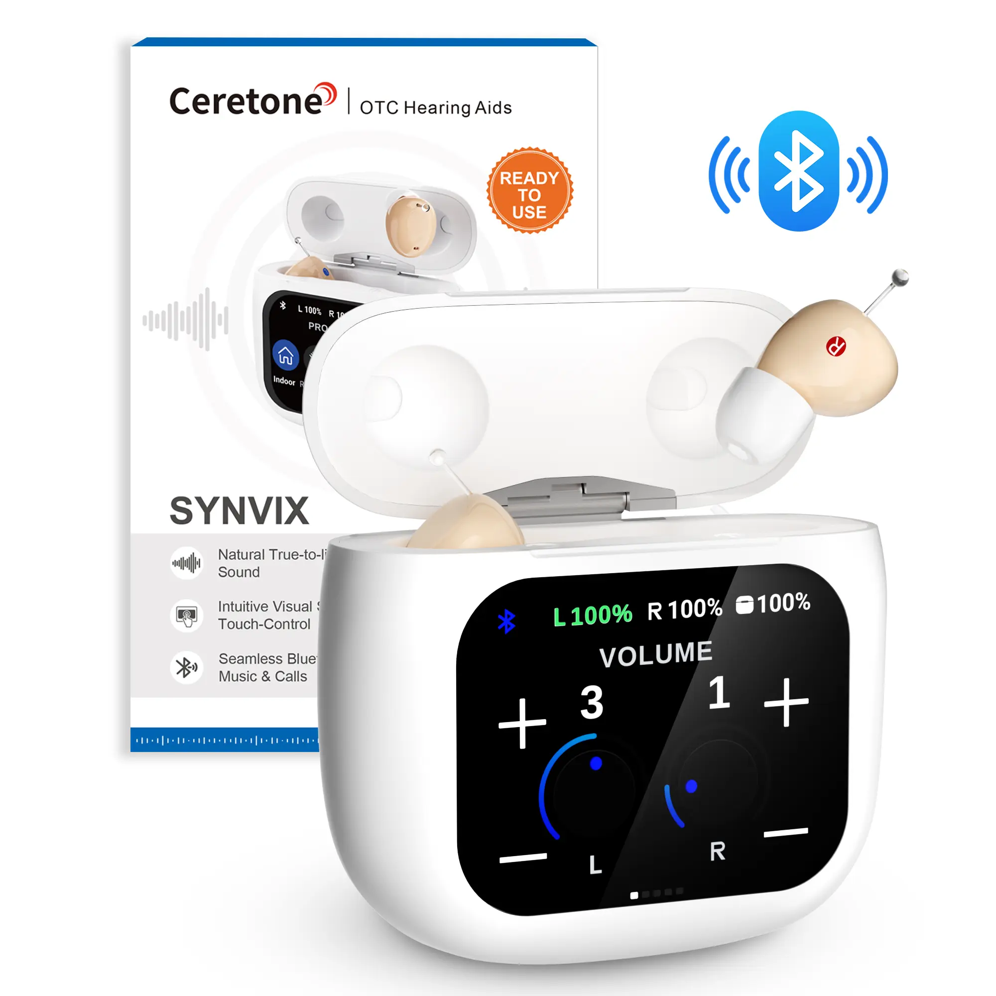 Ceretone Synvix OTC Portable Smart Control Hearing Aids - Bluetooth-Enabled, Touchscreen Control, Rechargeable, Mild to Moderate-Severe Hearing Loss Solution for Seniors, Beige, Portable Hearing Aids
