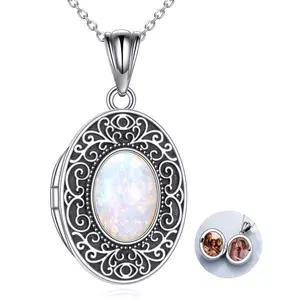 YFN Opal Locket Necklace for Women 925 Sterling Silver Oval-Shaped Opal Locket Pendant Photos Locket Jewelry Gifts for Loved One