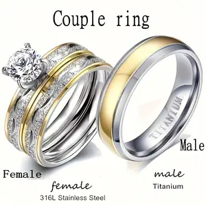3pcs Couple Rings (2pcs/set Women +1pc Men), Fashion 18K Gold-Plated Stainless Steel Ring, Wedding Engagement Ring, Valentine's Day Wedding Anniversary Perfect Gift