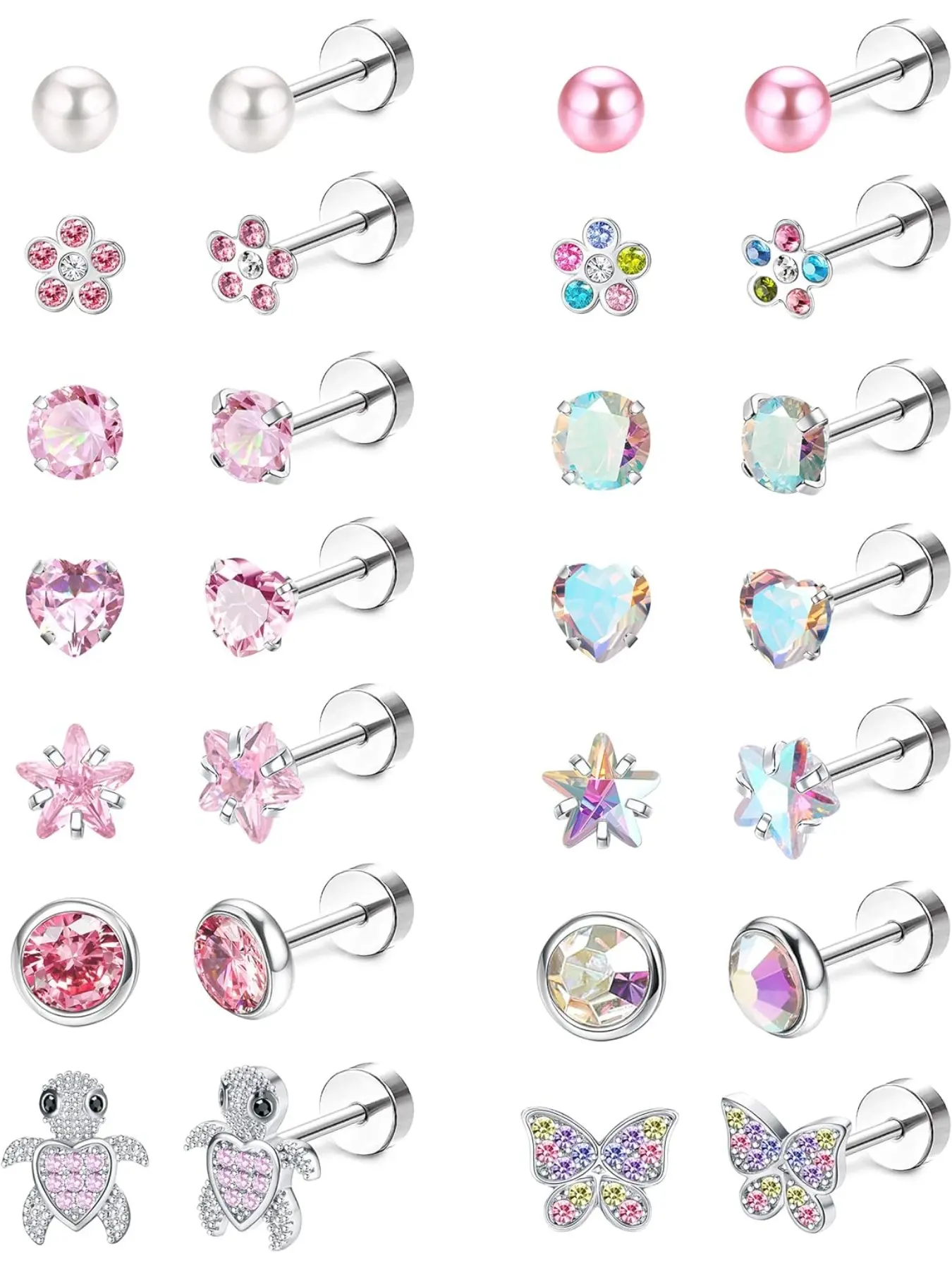 14Pairs Hypoallergenic Screwback Earrings for Women Girls Tiny CZ Pearl Ball Heart Flower Screw Back Earring Studs 316L Stainless Steel Stud Earrings Flatback 20G Over 3 Years Old Stud Earring Jewelry