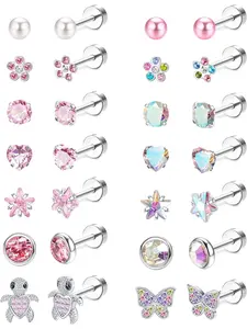 14Pairs Hypoallergenic Screwback Earrings for Women Girls Tiny CZ Pearl Ball Heart Flower Screw Back Earring Studs 316L Stainless Steel Stud Earrings Flatback 20G Over 3 Years Old Earrings Jewelry