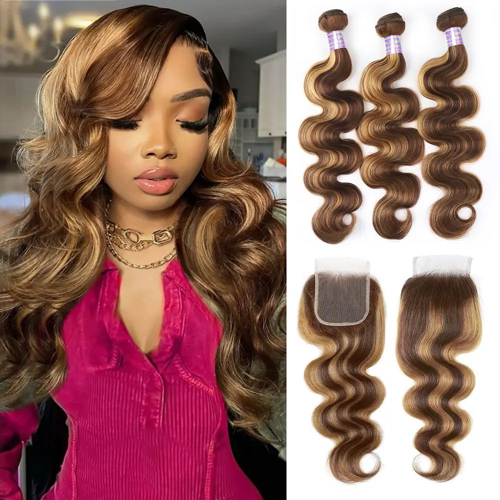 P4 27 Highlight Body Wave Bundles With Closure 4x4 inch Brown Colored Human Hair Bundles With Closure