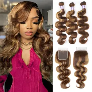 P4 27 Highlight Body Wave Bundles With Closure 4x4 inch Brown Colored Human Hair Bundles With Closure