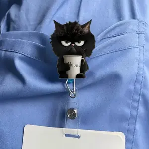 Cute Cat & Cup Pattern Badge Holder, 2D Acrylic Badge Reel, Durable ID Card Holder for Nurse, Doctor, Lpn, Medical Professional & Office Staff, Badge Reels Retractable, Badge Pins