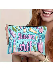 Sanrio Light Blue Background Beauty Supplies "Skincare Stuff" Pattern, Multi-Functional Travel Makeup Bag, Zipper Pill Storage Pouch, Emergency Snack Bag, Durable Polyester Zipper Pouch, Machine Washable Minimalist Design, Fits Toiletries, Sanitary