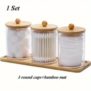 Department Store 1Set transparent storage box with bamboo cover and tray, suitable for bathroom organization storage, decoration, farmhouse pharmacist jar swabs, balls, mats, dental floss Bottles Tin Canister Organiser Plastic