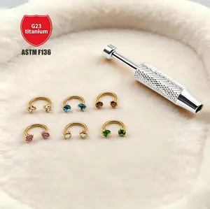 Titanium 6pcs Value Pack Medical Grade Titanium Steel 18G 1.0mm Horseshoe gold piercing Nose Hoop Internally Threaded Gems Nose stud shiny Ring with Free Ball Holder & Guiding Needle nose rings for women flat back insertion tool heart dermal