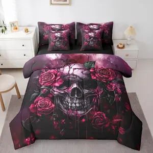 Pink Valentine 7 Piece Bedding Setsugar Skull Rose Flowers Comforter Bed Set with Sheets,Adults Men Womenspooky Skeleton Gothic Bed Bag,Pink Bed Set
