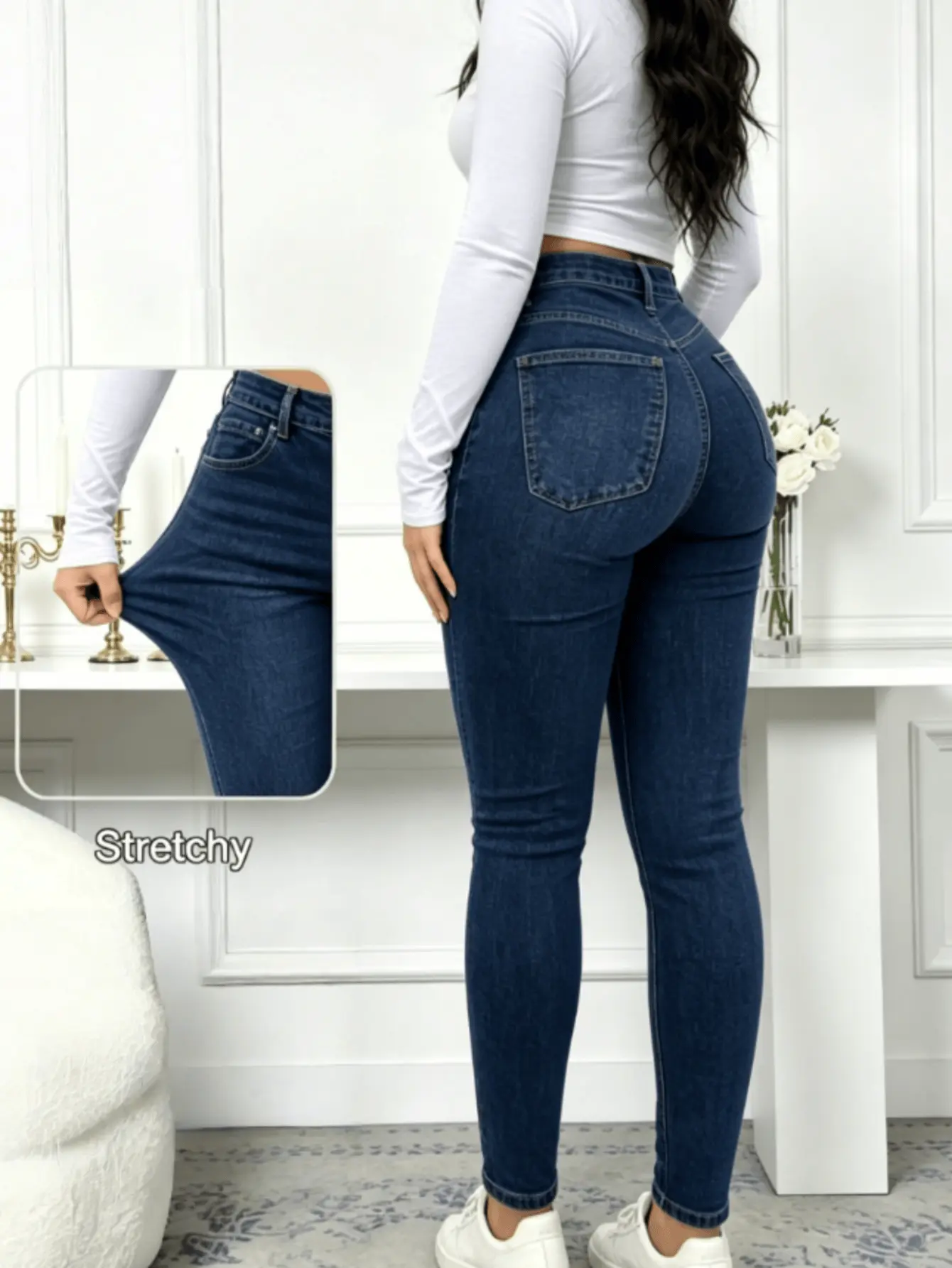[plus size] Elegant High Waist Long Skinny Denim Jeans for Women, Womenswear, Versatile Four Seasons Wear, Slimming Fit, Stylish Chic Casual Pants, Trouser, Basic, Denim Skinnies, Wash Jeans WH54 BBL