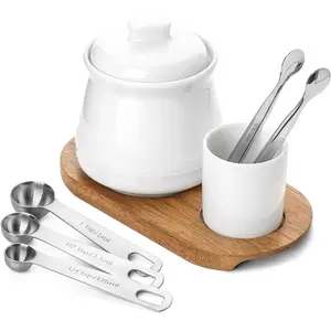Porcelain Sugar Bowl Set – 14 Ounce Large Sugar Jar with Lid and Measuring Spoon – Deluxe Salt Bowl with Spoons – Practical Design with No Notch Lid – Elegant Salt Container White