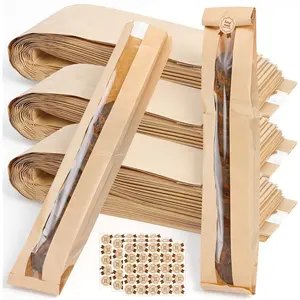 150 Pack Baguette Bags with Clear Front Window and 150 Seal Stickers, 23x4x1.6 Inch Paper Bread Bags for Homemade Sourdough, Bakery Storage and Party Packa