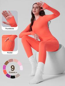 UnciaActive Women's Sporty Yoga Set Orange Raglan Sleeves Top with Thumbholes 25' Inseam Leggings with Pocket Casual Activewear Comfortable Stylish Design