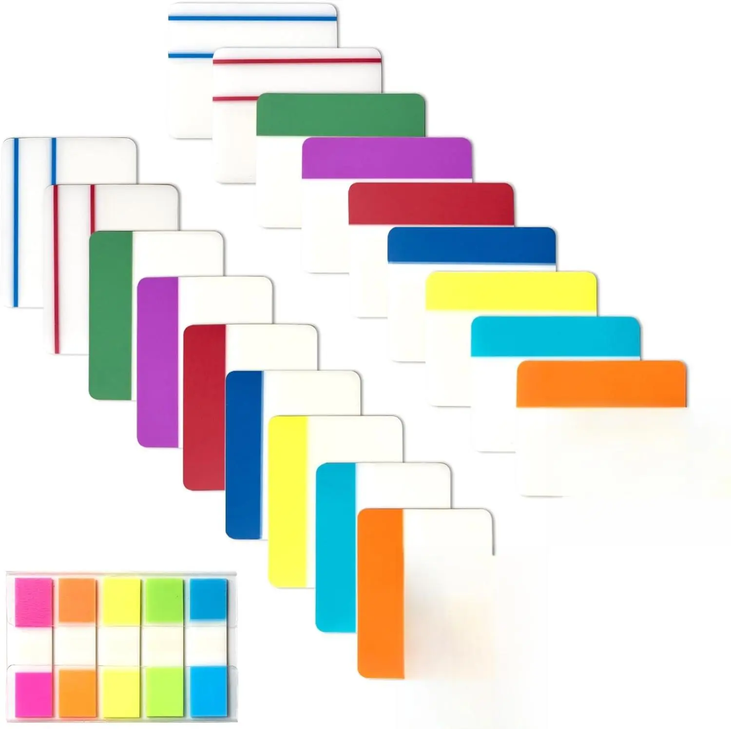 2-Inch Neon Colored BOPP Sticky Index Tabs (500 Pieces, 21 Sets) - Writable, Repositionable Self-Adhesive Flags with 0.5-Inch Mini Option, Transparent Sticky Notes Compatible with Ballpoint Pen, for Archives, Files, Books