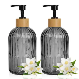 2 Pcs Glass Soap Dispenser with Plastic Pump, Bathroom Counter Accessories, 13.5oz Vertical Stripe Design Hand Soap Dispenser for Dish Wash, Refillable Lotion Dispenser, Soap Dispenser for Bathroom and Kitchen