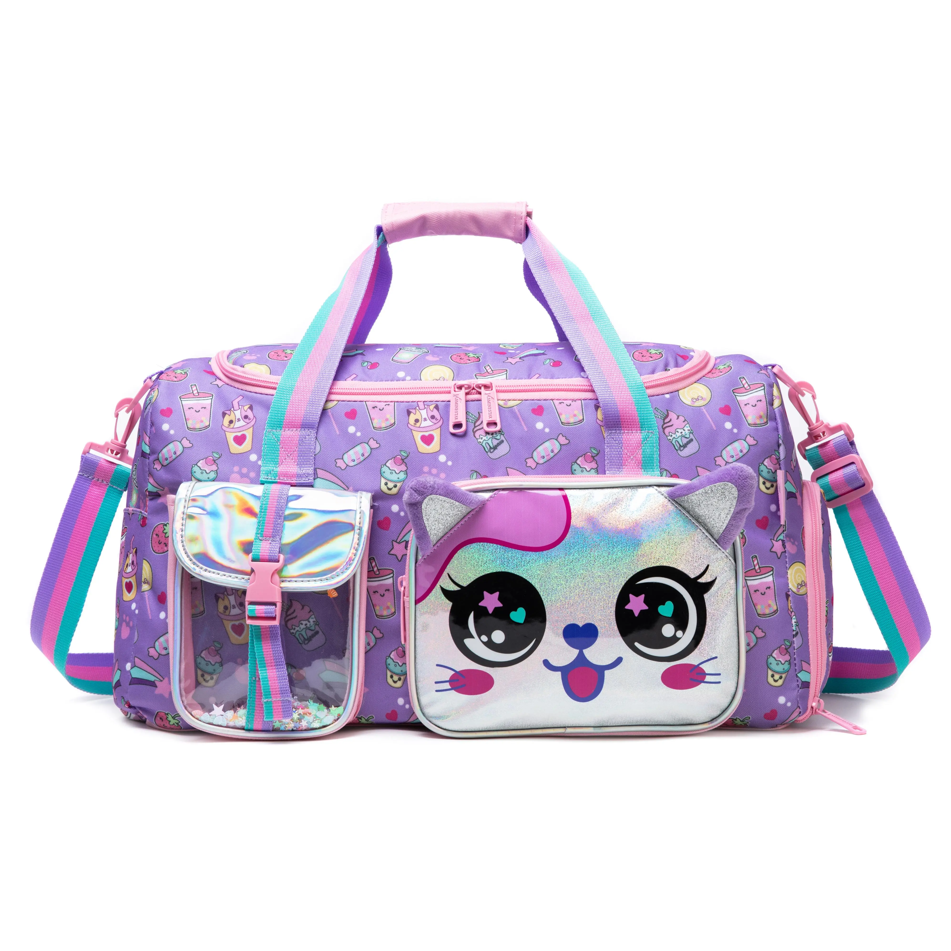 Cute Holographic Cat Kids Duffle Bag - Purple Snack Pattern Girls' Multi-Compartment Adjustable Travel Bag with Iridescent Sequin Pouch, Crossbody Strap for Sleepovers, Gym, Durable Luggage, Multi-Compartment Adjustable Travel Bags