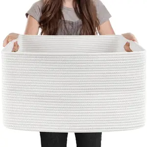 Extra Large White Storage Basket, 23.6" x 17" x 12" Rectangle Blanket Basket Living Room, Woven Cotton Rope Basket, Toy Basket Bins, XXXL Baskets for Organizing, Wicker Laundry Baskets