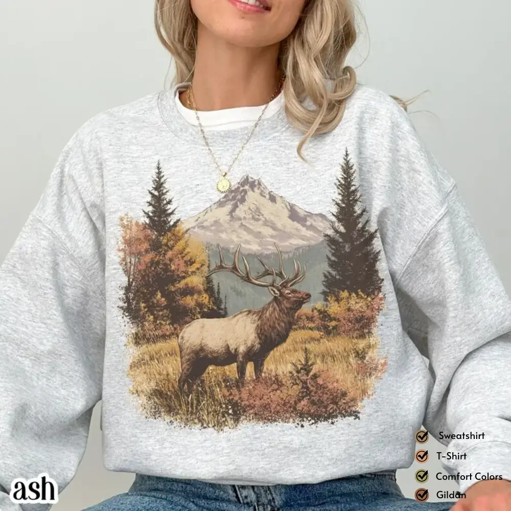 Retro Elk Sweatshirt Vintage Fall Hunter Scene Sweater 90s Bull Forest Nature Outfit Crewneck Americana Nostalgia Elk Deer Sweatshirt