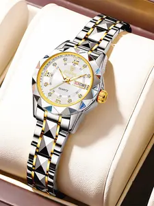 Women's Elegant Rhinestone Decorated Round Dial Analog Quartz Watch, Trendy Exquisite Watch, Fashionable Stainless Steel Strap Watch for Women & Girls, Calendar Function 30m Waterproof Meter Watch for Birthday Gift with Box, Fall Outfit