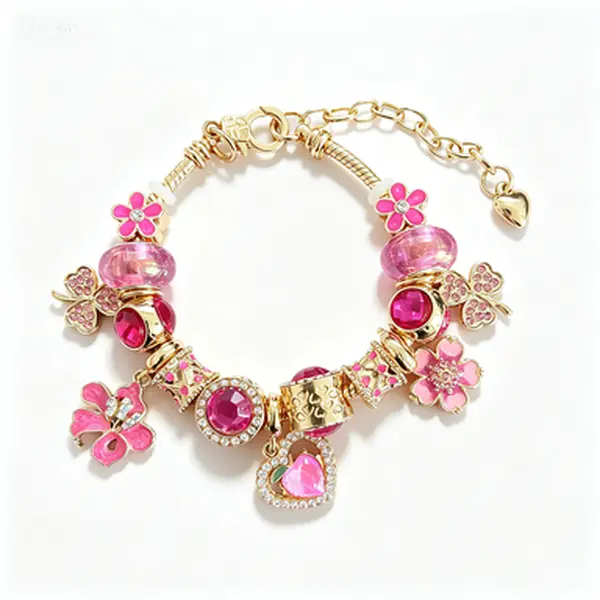Pink Peach Flower Butterfly Charm Bracelet, Gold Adjustable Snake Chain Beaded Bracelet, Hot Pink Crystal Rhinestone Floral Wrist Jewelry, Sweet Kawaii Peach Pendant Bracelet Gift for Teen Girls Women