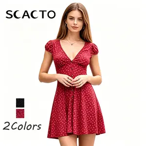 Scacto Women's Soft Polyester Shortsleeve Basic Button Piece Summer Casual Dress - Street Style, Everyday Wear