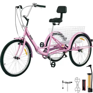 VEVOR Tricycle Adult 24’’ Wheels Adult Tricycle 7-Speed 3 Wheel Bikes For Adults Three Wheel Bike For Adults Adult Trike Adult Folding Tricycle Foldable Adult Tricycle 3 Wheel Bike Trike Foldable Pink