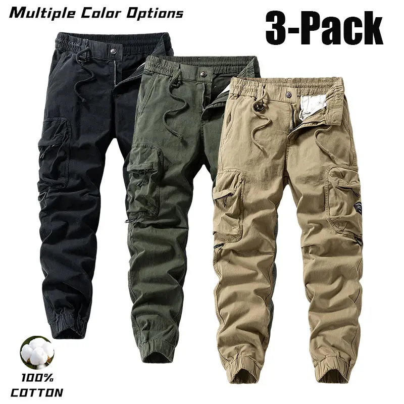 Men’s durable training pants for outdoor workouts, men’s multi-pocket cargo pants, regular-fit tactical pants with durable pockets for autumn and winter, pure cotton casual street-style long pants.