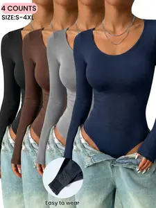Women's Dark Color Light-Tummy Control & Full Coverage Shapewear for Everyday Wear, Basic Color Bodysuit Set, Discreet Control Comfortable & Stylish Design, Perfect for Daily Wear, Long Sleeves, Round Neck, Elastic Underwear,Spring&Fall