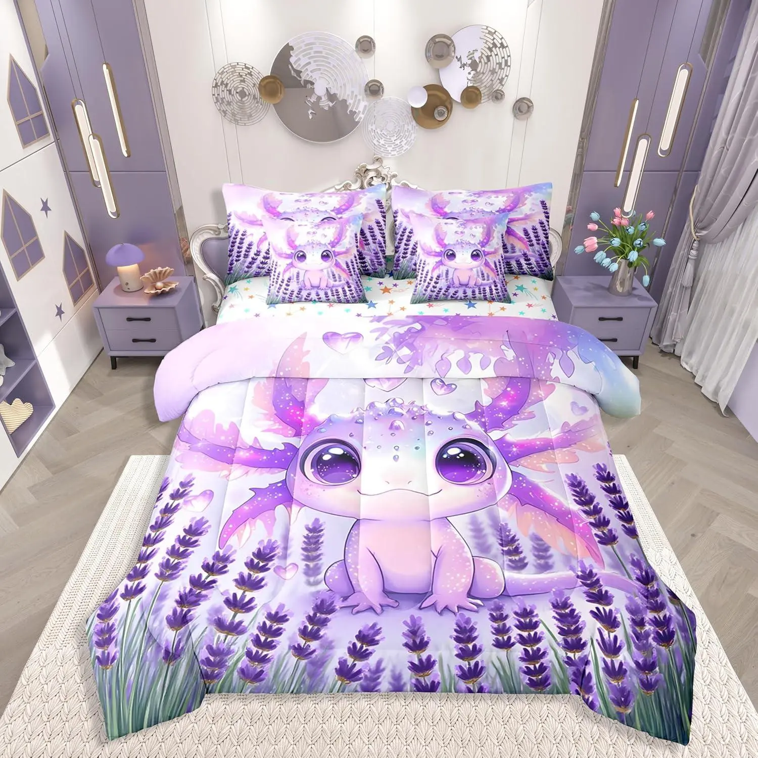 Axolotl Comforter Set with Sheets Purple Lavender 7-Piece Bedding Set Cute Axolotl Bed in a Bag Marine Life Coastal Animal Bed Quilt Sets