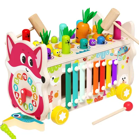 8-in-1 Montessori Wooden Multi Activity Playset for Toddlers 1-3, Preschool Sensory Wooden Busy Board with Xylophone & Hammering Toy, Durable Maths Educational Toy, Birthday/Christmas Gift for Fine Motor Skills