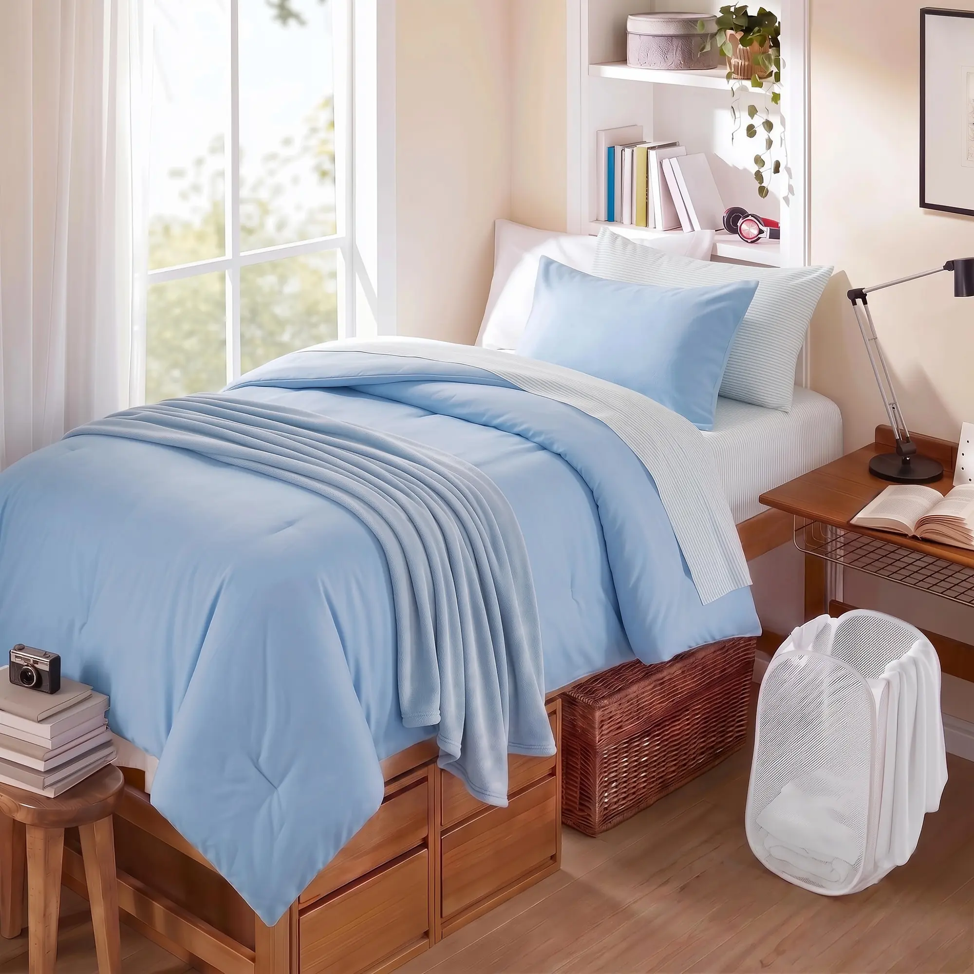 College Bed Dorm Room Bed in a Bag Set - Lightweight Year-Round Plain Comforter, Complete Bedding Set with Laundry Bag