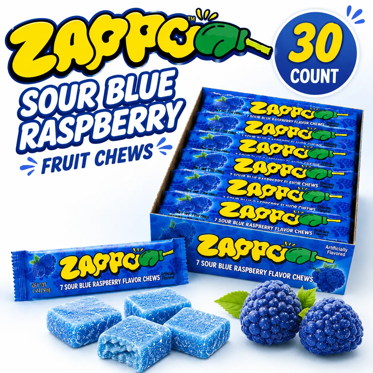 Zappo Sour Blue Raspberry Fruit Chews 1 oz 30 Count  Tangy Blue Raspberry Chewy Candy Bars | Individually Wrapped Party Treats