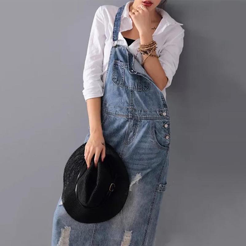 Chouyatou Women's Adjustable Strap Distressed Denim Overall Dress A-Line Pinafore Jean Dress with Split