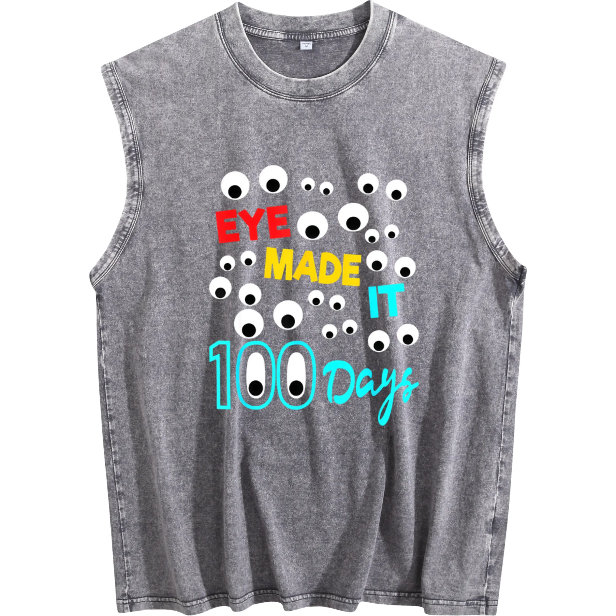 100 Days of School Celebration Vest – Colorful Eye Print, Washed Sleeveless Design, Casual Loose Fit for Students, Teachers, Men & Women, Machine Washable Black Cotton Fabric