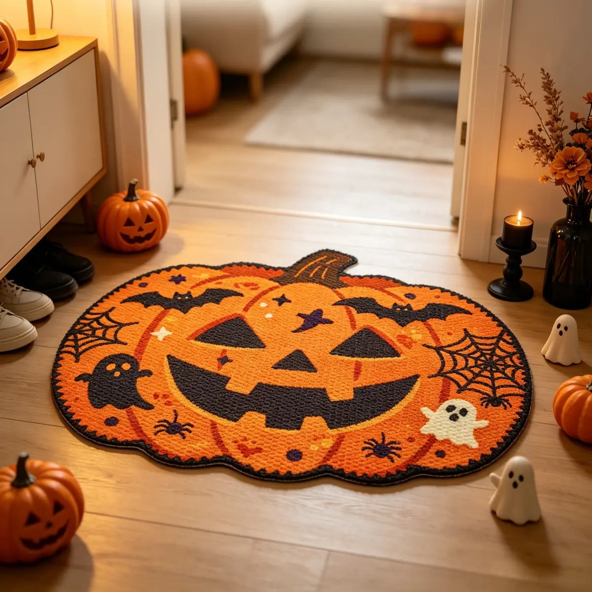 Pumpkin Shaped Halloween Doormat, Jack O Lantern Entry Rug with Ghost Skeleton Black Cat Pattern, Non Slip Low Profile Front Door Mat Indoor Outdoor Halloween Porch Decor,Orange Pumpkin Fall Holiday Decoration