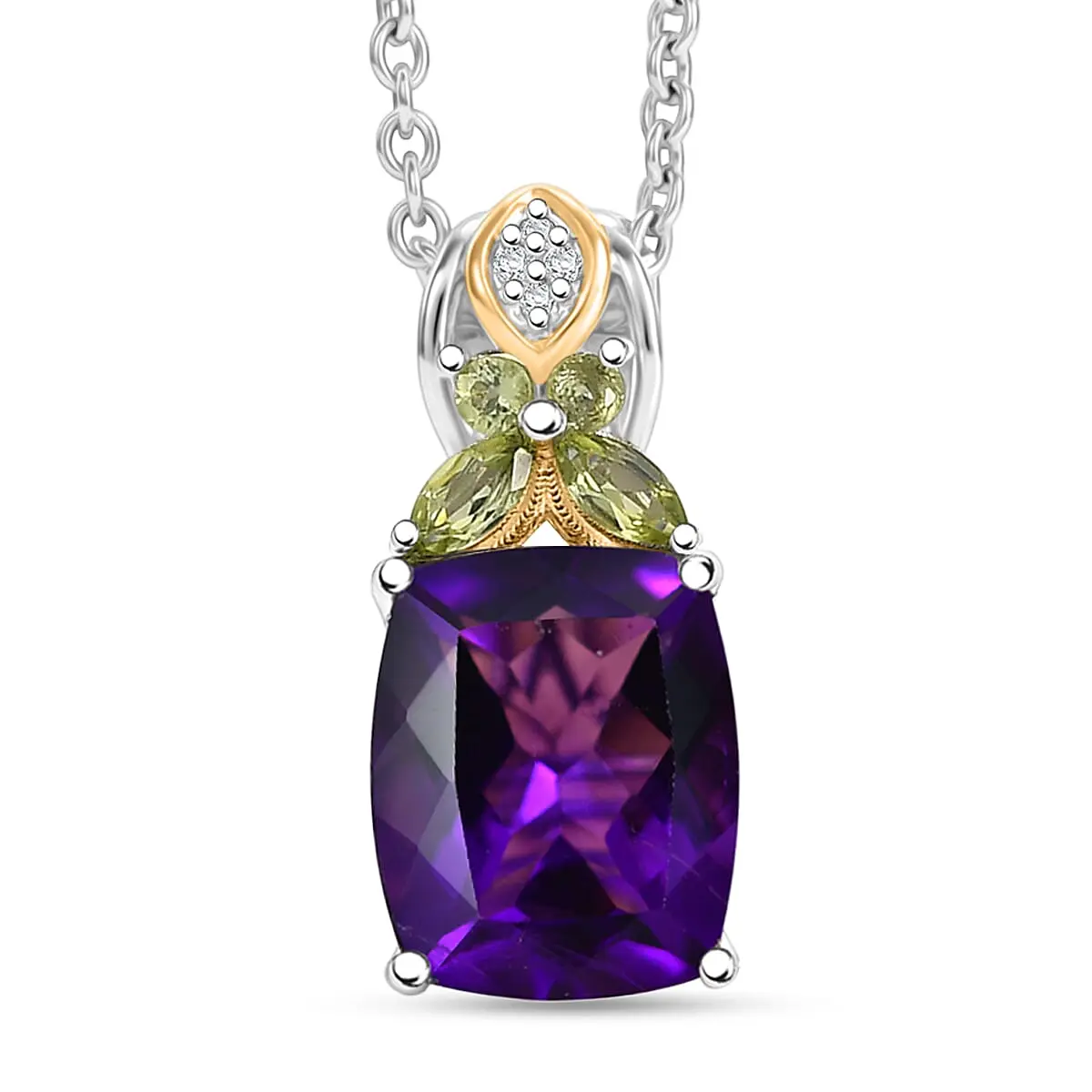 EverTrue African Amethyst, Multi Gemstone Pendant in 18K YG Plated and Platinum Bond with Stainless Steel Necklace (20 Inches) 5.35 ctw