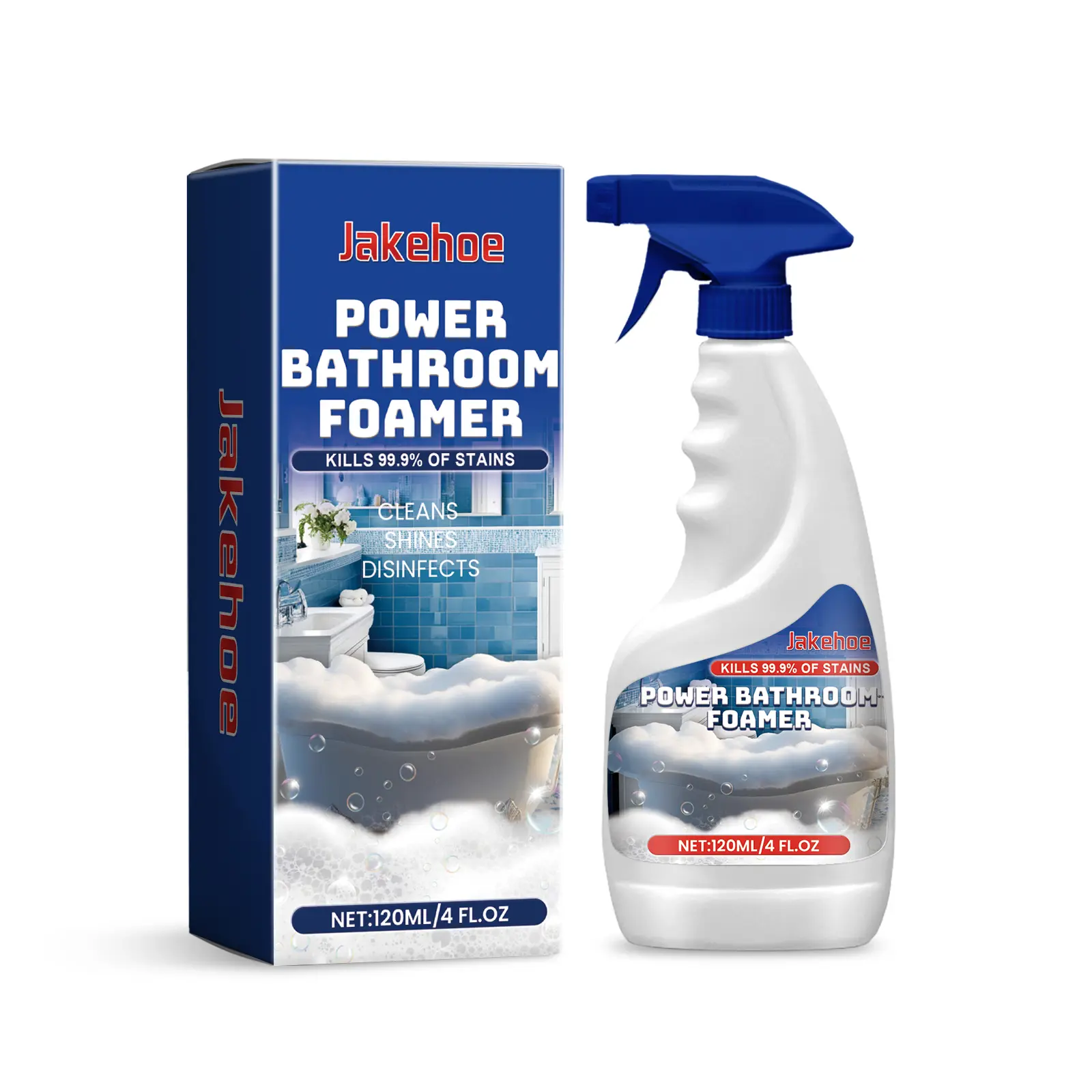 Jakehoe Power Bathroom Foam Cleaner Spray, Heavy-Duty Foaming Cleaner for Bathtubs, Tiles, Sinks & Showers, Breaks Down Soap Scum, Grime & Hard Water Stains, 120ml/4fl oz