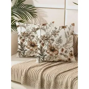 4-PCS Traditional Floral Hemitong Pillow Covers, 15.7*15.7/17.7*17.7/19.7*19.7inch, Brown And White Seasonal Plant Design, Polyester, Home Textile, Zippered Decorative Cushion Cases For Home Office Couch And Bed Decor,Fall Decor,Autumn Decor,Room Decor