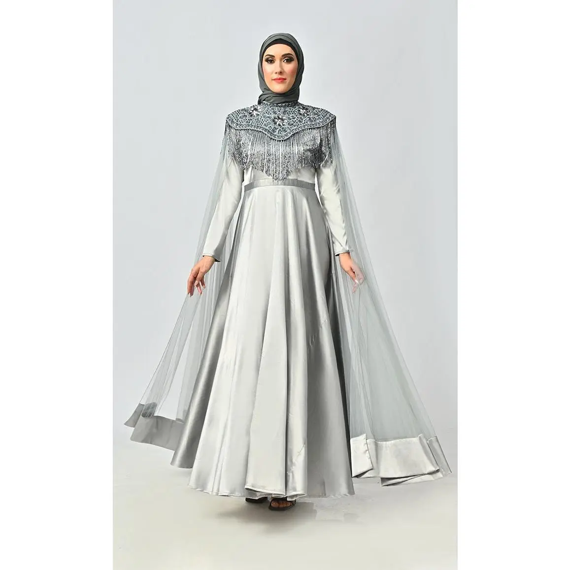 Grey Detailed Hand And Machine Embroidery Abaya With Heavy Tassels - Final Sale
