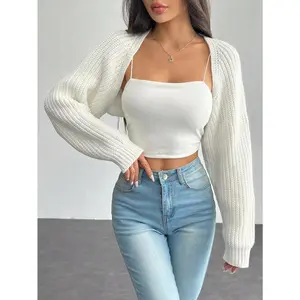 Women's Ribbed Knit Shrug Crop Cardigan – Balletcore Style Raglan Sleeve Sweater for Layered Outfits, Fall or Spring Wear Tops White Casual Knitwear Womenswear Basic Minimalist Short Knitting Fabric Can be used with a raincoat