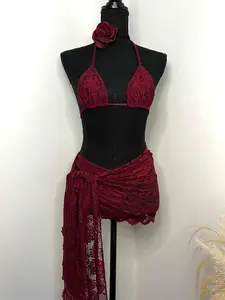 Women's Solid Color Floral Lace Halter Triangle Bikini Set, Swimsuit Style, 3D Floral Decor Tie Back Backless Swim Top & Ruched Bikini Bottoms & Knot Front Cover Up Skirt for Beach Holiday Vacation, Ladies Swimwear for All Seasons