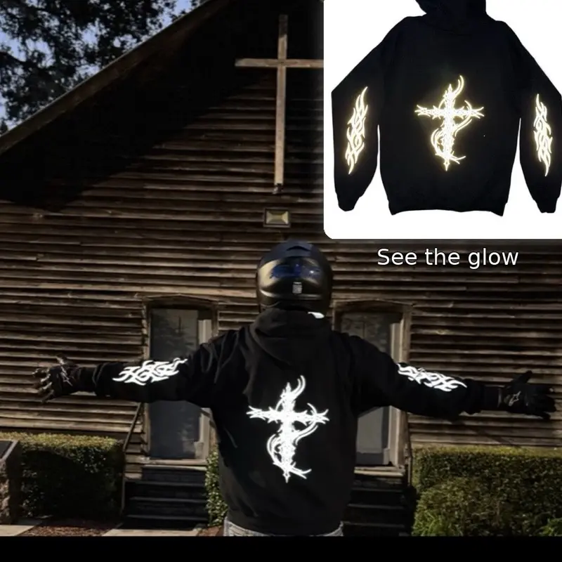 FTF Racing Reflective Hoodie – Biker Street Bike Tribal cross Graphic Sweatshirt Menswear Pullover Streetwear biker hoodie Unisex Cotton Sleeve
