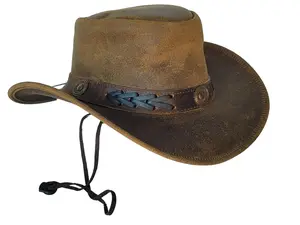 Brown Western Cowboy Hat Made From Genuine Cowhide Leather With Adjustable Chin Strap Classic Style Same Day Shipping