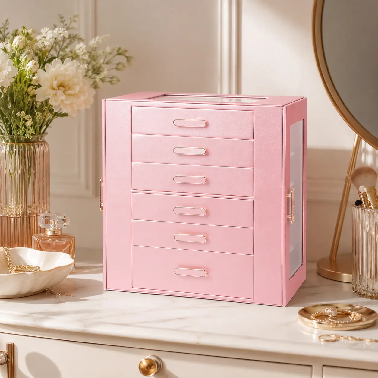 BOOVO 6-Layer Jewelry Organizer Box with Glass Lid & 2 Doors, Large Capacity Leather Storage Case with Drawers for Necklaces, Rings, Earrings. Dustproof Jewelry Tower, Perfect Birthday Anniversary Gift for Women Girls（Rose Gold）