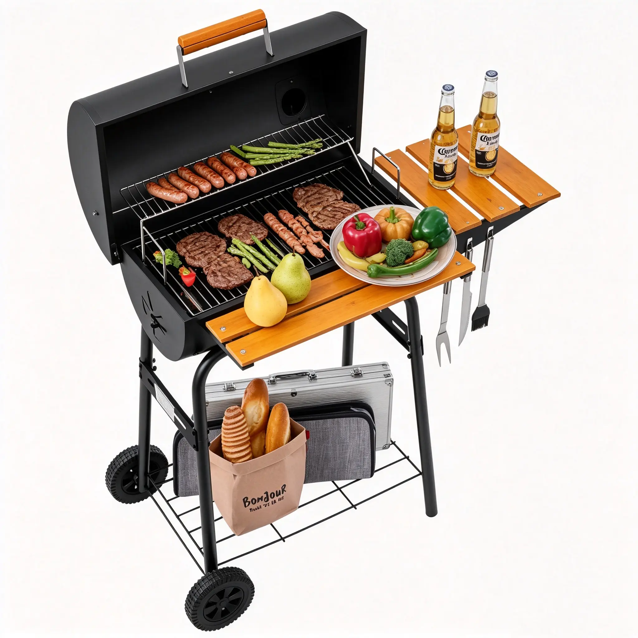 Royal Gourmet CC1624V Charcoal BBQ Grill with Wheels, 426 Sq. In. Barrel Grill with Wooden Side Shelf, Front Prep Table, Adjustable Charcoal Pan, Outdoor Grill for Backyard Party, Camping & Patio Cooking, Black