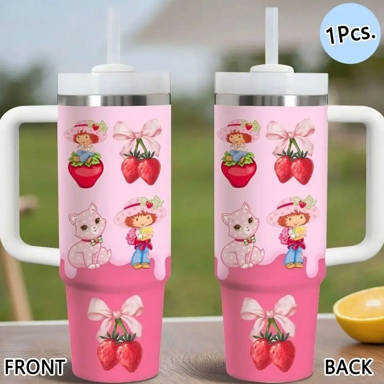 Strawberry Shortcake Vacuum Flasks 40oz Stainless Steel Vacuum Insulated Tumbler with Handle & Straw, Leak-Resistant Travel Mug, Long-Lasting Cold Drinks, Iced Coffee & Water Cup for Office, Gym & Travel, Drinkware, Stainless Steel Tumblers