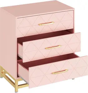 Essentials on Sale Pink Sleek 3-Drawer Modern Dresser – Stylish Black Nightstand with Gold Handles for Bedroom, Closet, and Office Storage