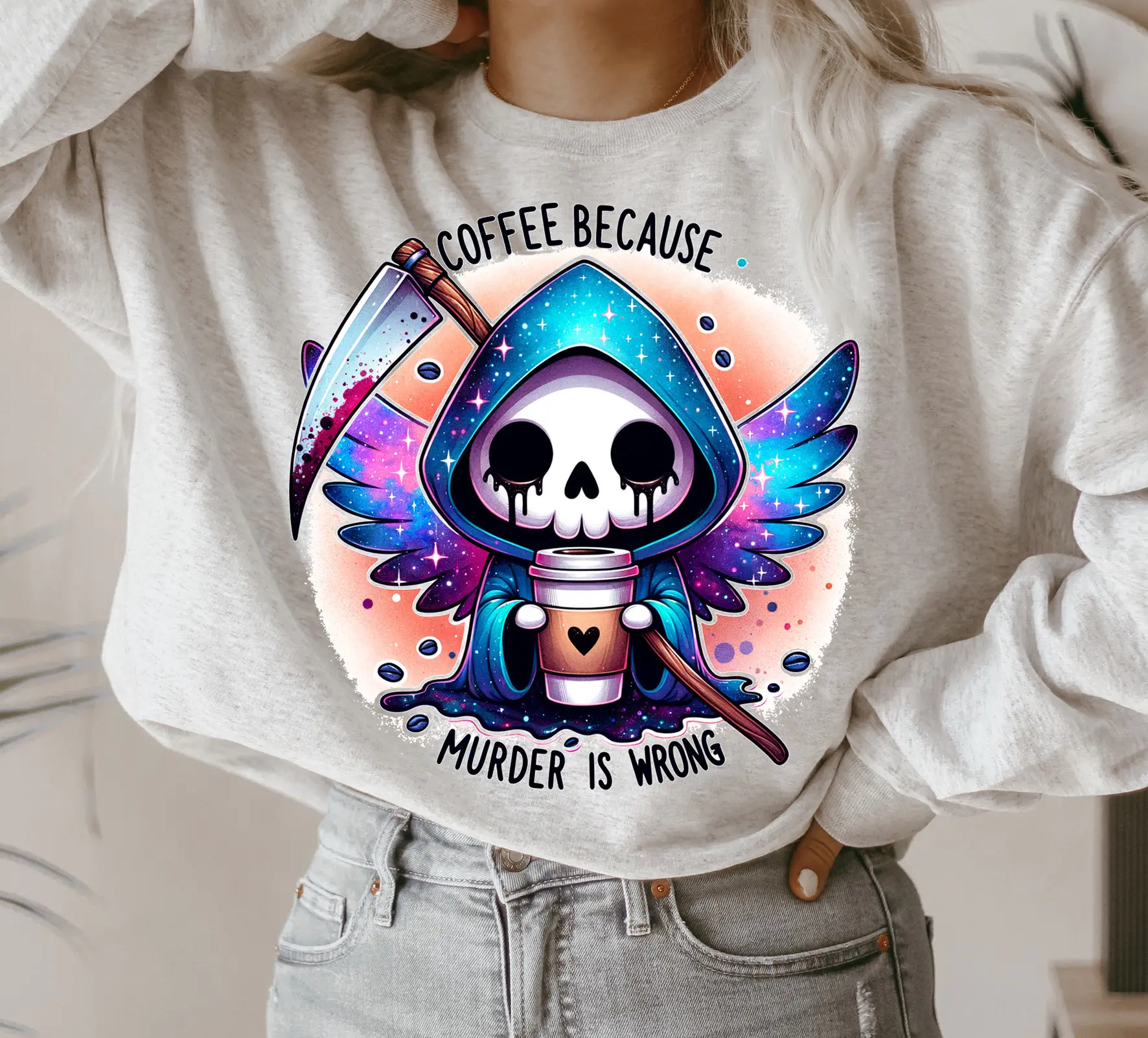COFFEE Because Murder Is Wrong PNG, Grim Reaper Clipart, Snarky Skeleton Sublimation, Funny Sarcastic, Sublimation, Digital Download PNG