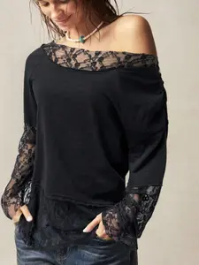 Women's Spring Summer 2026 Long Sleeve Off-Shoulder T-Shirt, Asymmetrical Shoulder Design, Lace Trim, Casual Fashion Top